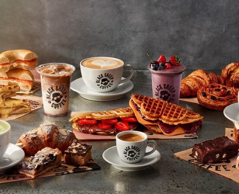 A table full of Black Sheep Coffee treats and drinks