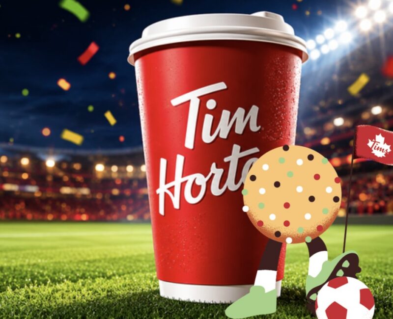 Tim Hortons cup on a football pitch
